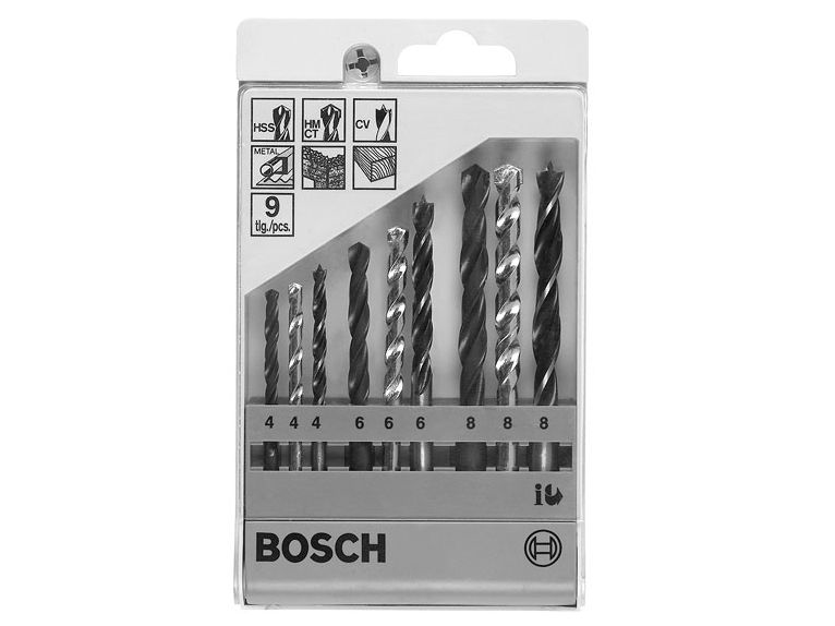 Набор сверл Bosch из 3-х групп (9 сверл : металл (5,6,8 мм), бетон (5,6,8 мм), дерево (5,6,8 мм)